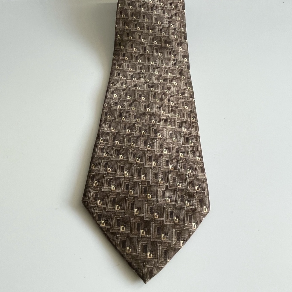 Vtg Christian Dior Monsieur All Silk Necktie Tie Brown Tan Rectangular Pattern